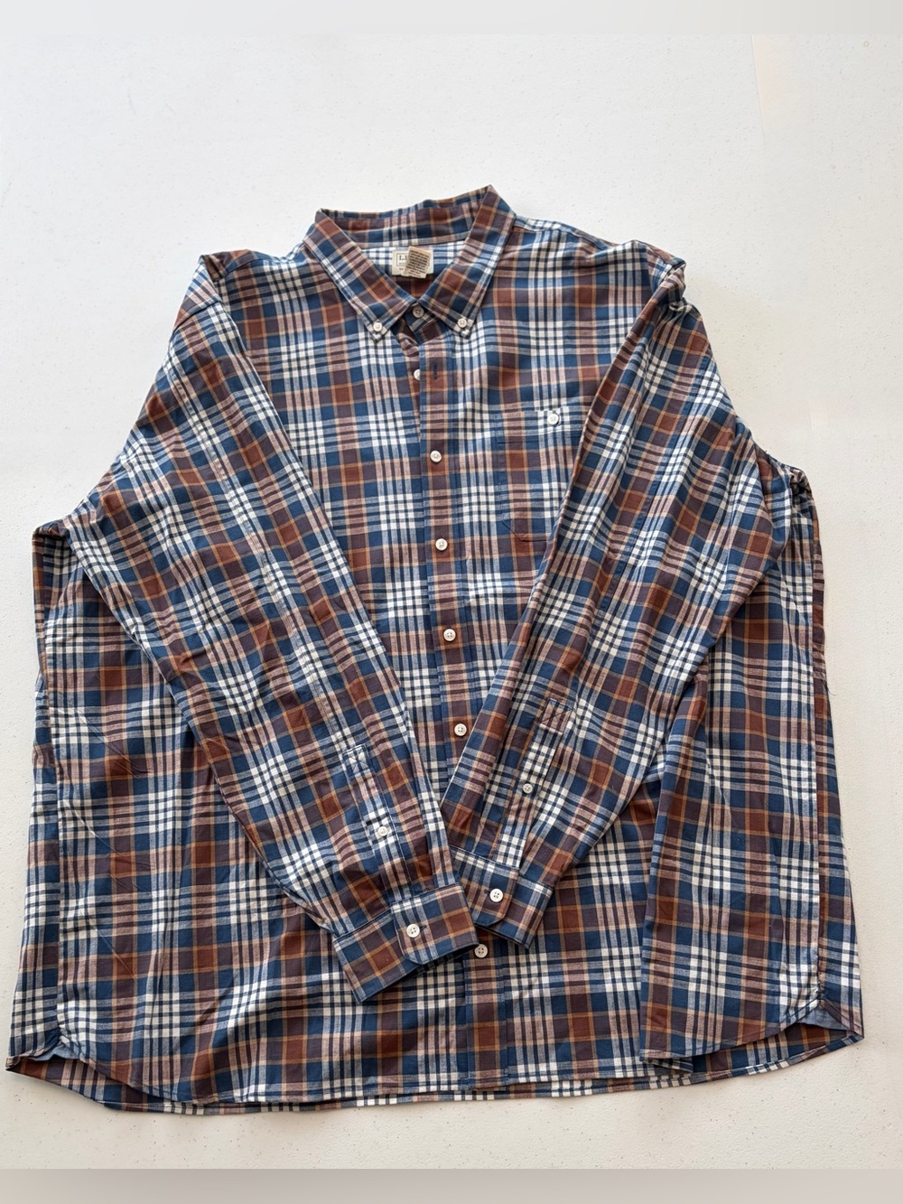 L.L. Bean Brown and Blue Plaid Button-Down Shirt